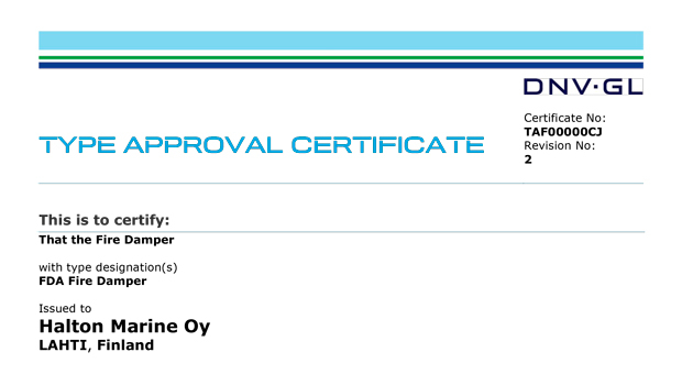 DNV – GL certificate for FDA fire damper
